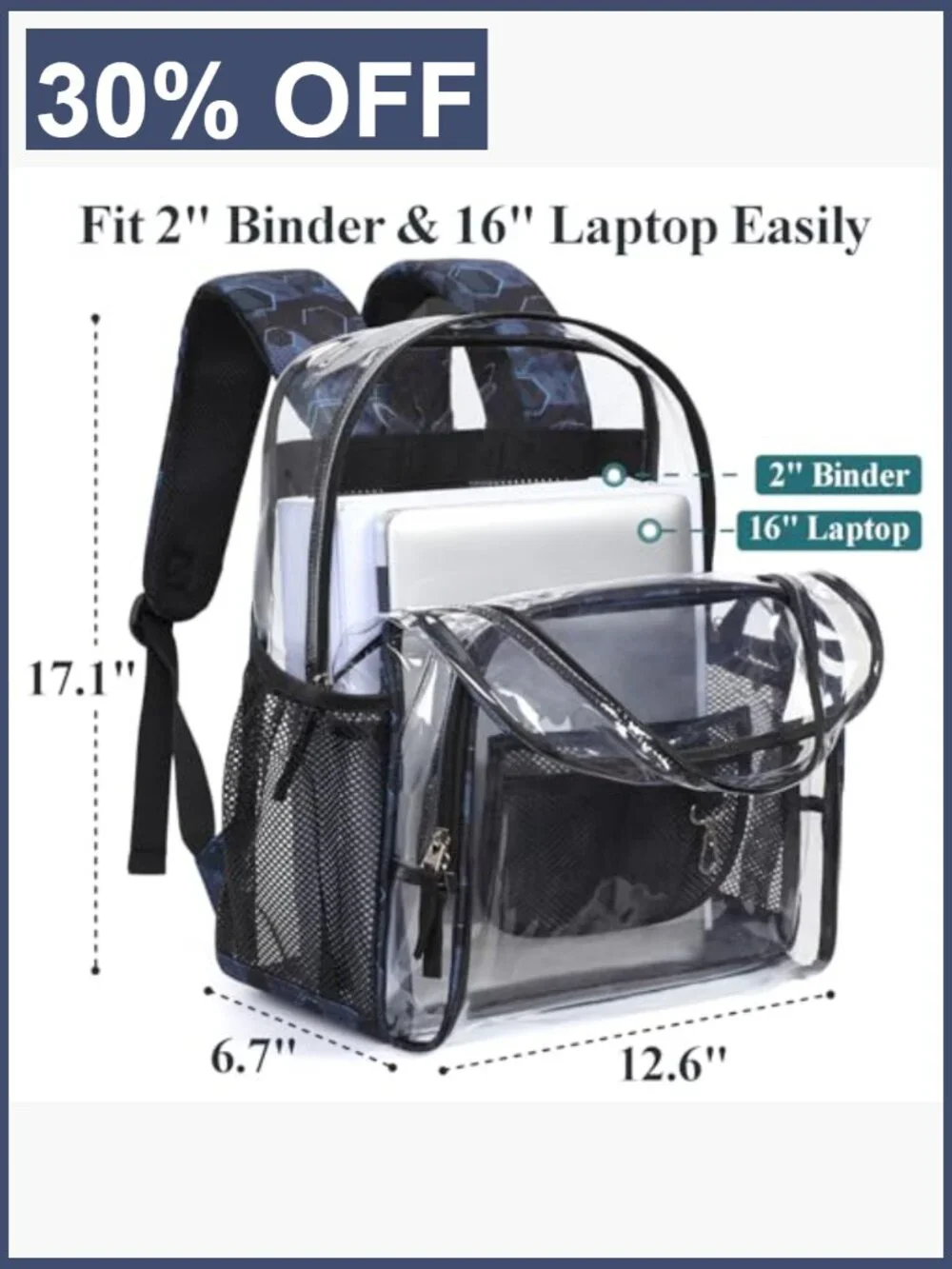 Heavy Duty Clear Backpack for School, 17 Inch Laptop Bookbag, Padded Straps,